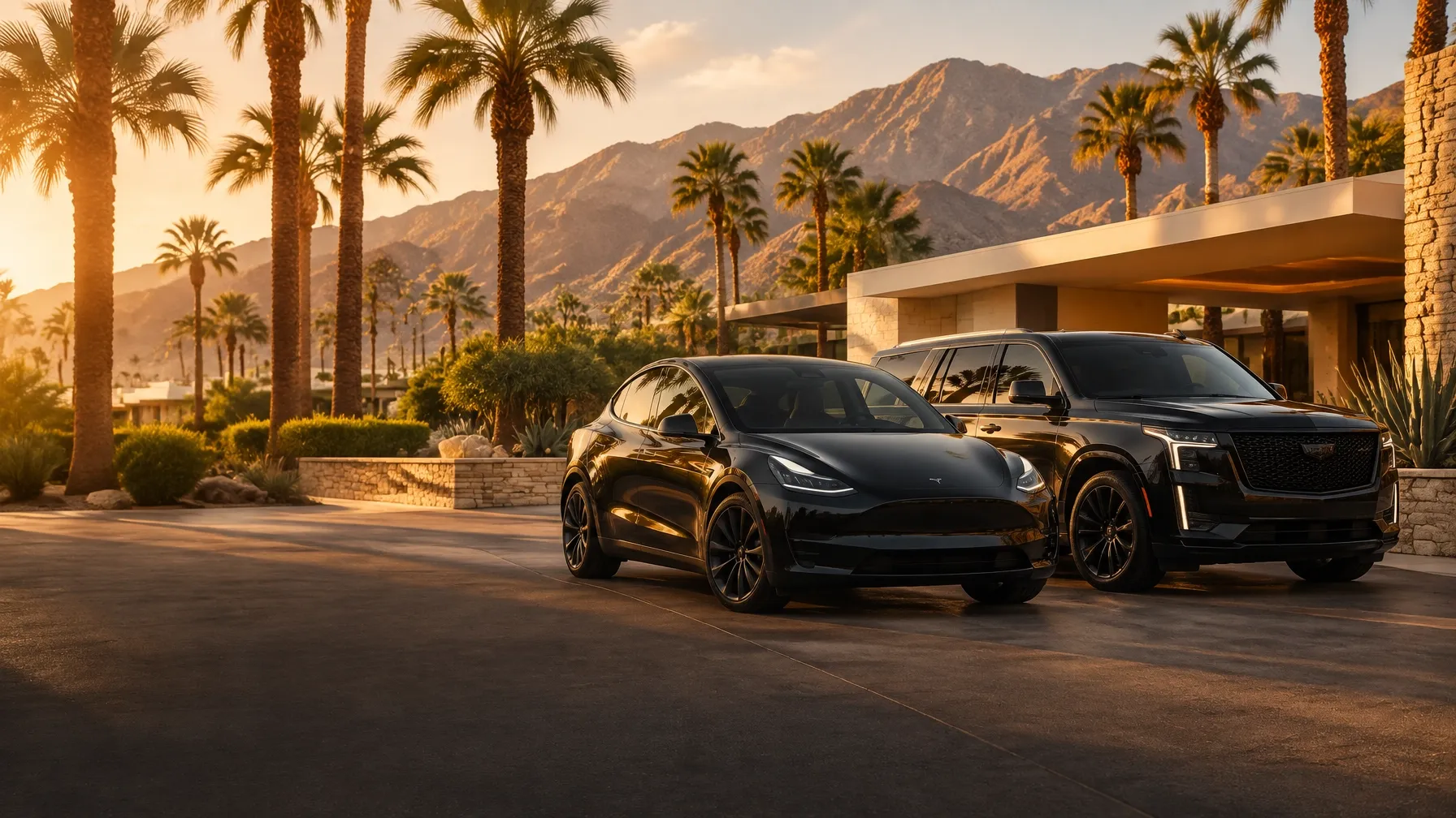 Black Tesla Model Y and black executive SUV outside a Palm Springs resort at golden hour